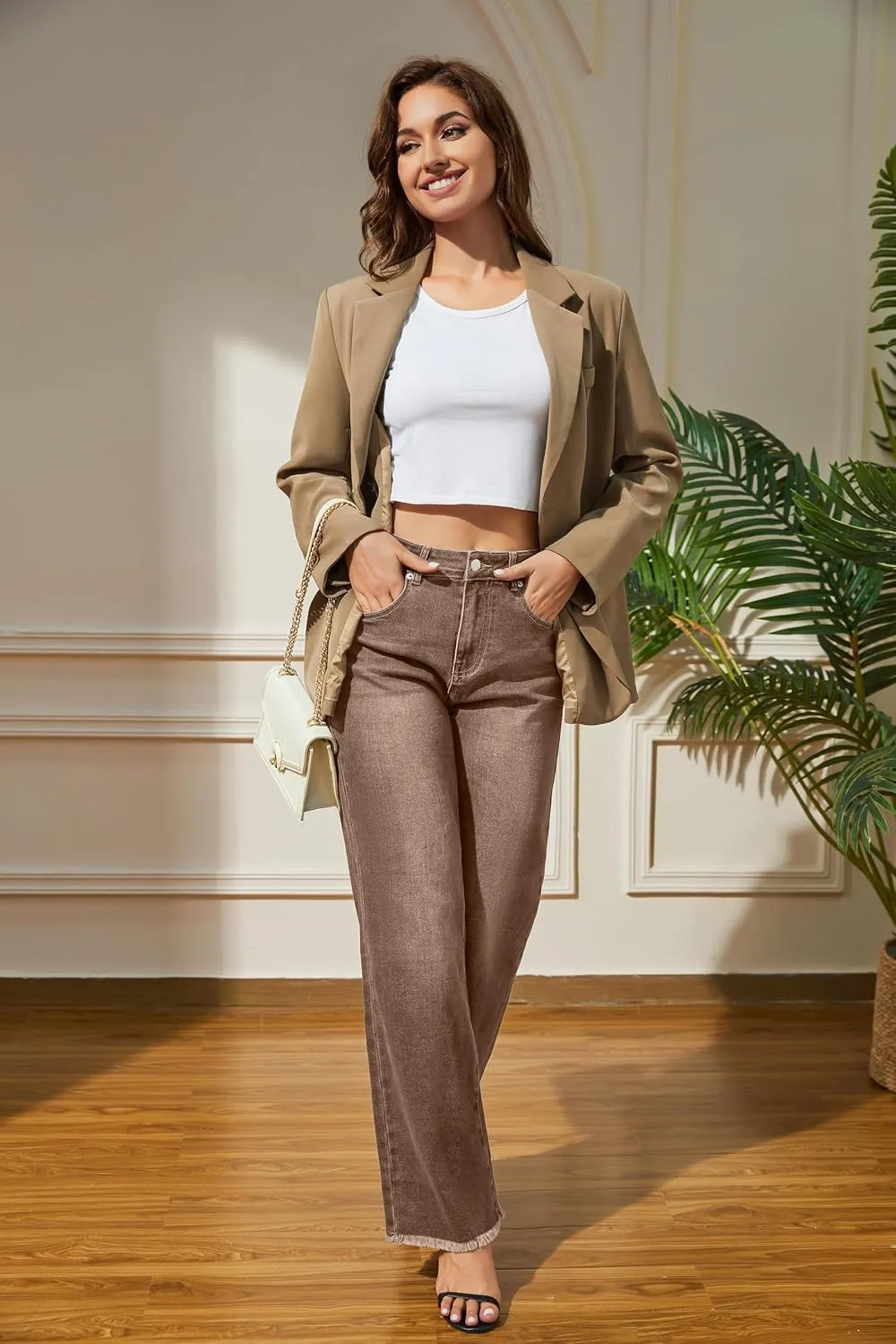Women's Wide Leg Jeans High Waisted Strechy Jeans for Women Straight Raw Hem Loose Casual Denim