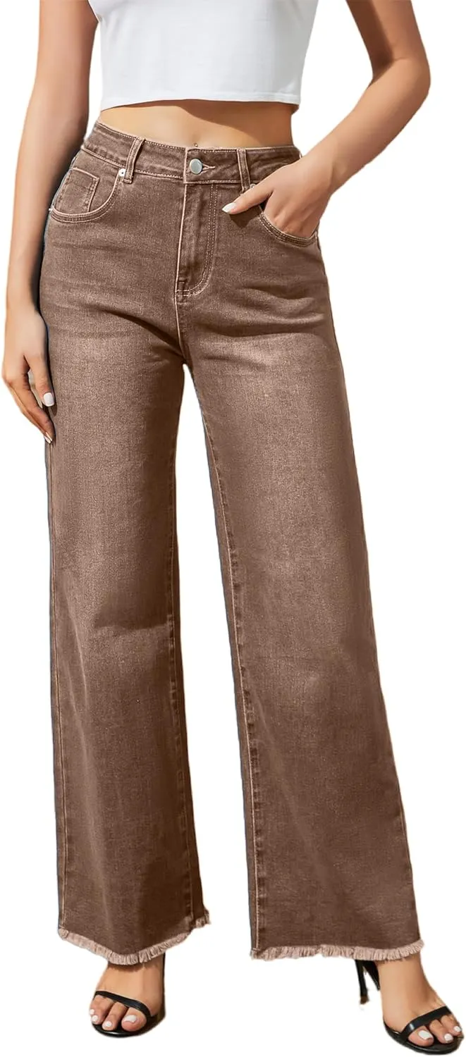 Women's Wide Leg Jeans High Waisted Strechy Jeans for Women Straight Raw Hem Loose Casual Denim