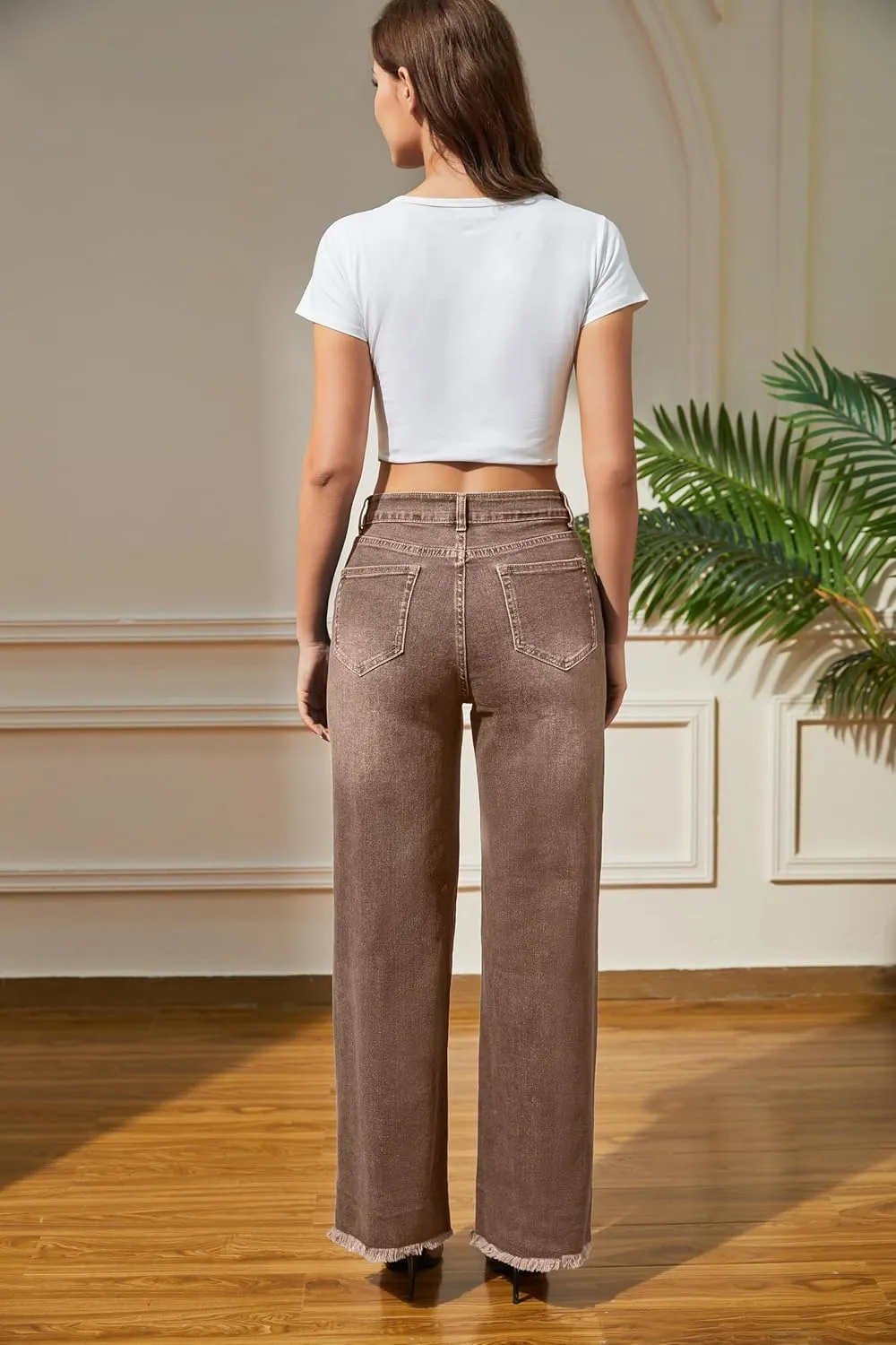 Women's Wide Leg Jeans High Waisted Strechy Jeans for Women Straight Raw Hem Loose Casual Denim