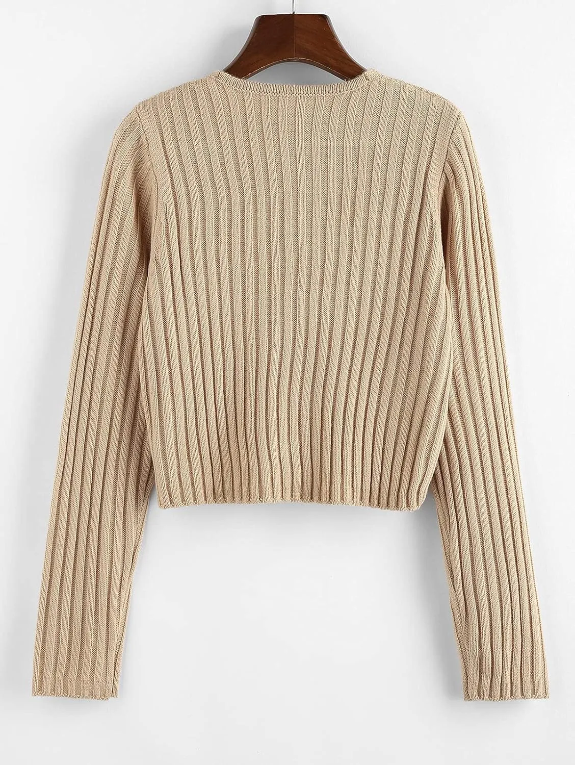 ZAFUL Women's V Neck Ribbed Button Up Cardigan Solid Knitwear Long Sleeve Surplice Crop Tops Sweaters