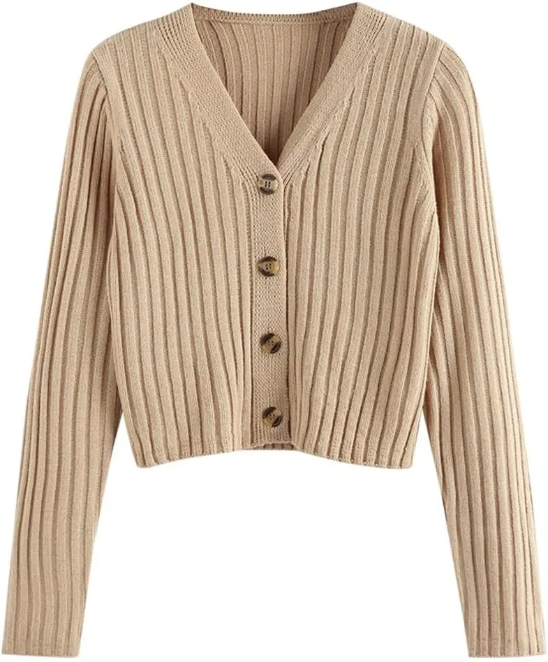 ZAFUL Women's V Neck Ribbed Button Up Cardigan Solid Knitwear Long Sleeve Surplice Crop Tops Sweaters