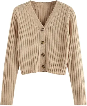 ZAFUL Women's V Neck Ribbed Button Up Cardigan Solid Knitwear Long Sleeve Surplice Crop Tops Sweaters